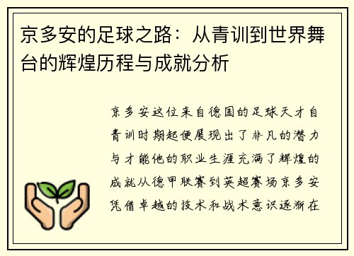 京多安的足球之路：从青训到世界舞台的辉煌历程与成就分析