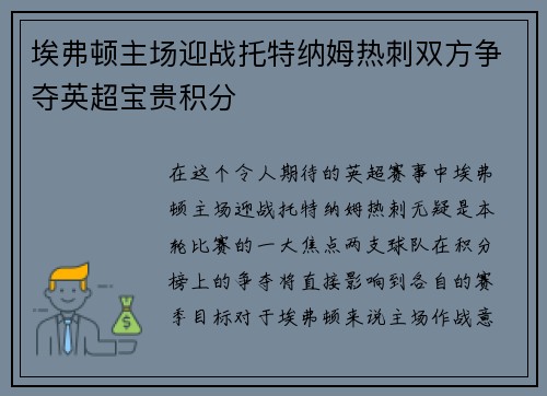 埃弗顿主场迎战托特纳姆热刺双方争夺英超宝贵积分